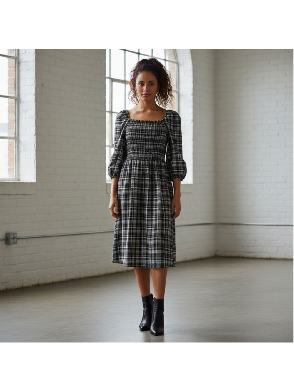 LOFT Plaid Gingham Square Neck Midi Dress Size L NWT